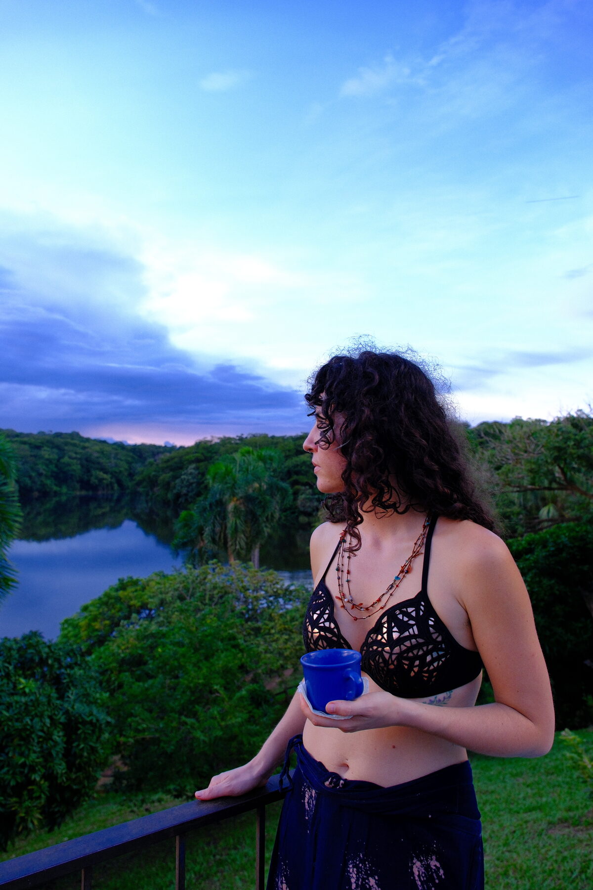 A guest with a cup, looking out over the green valley at dusk